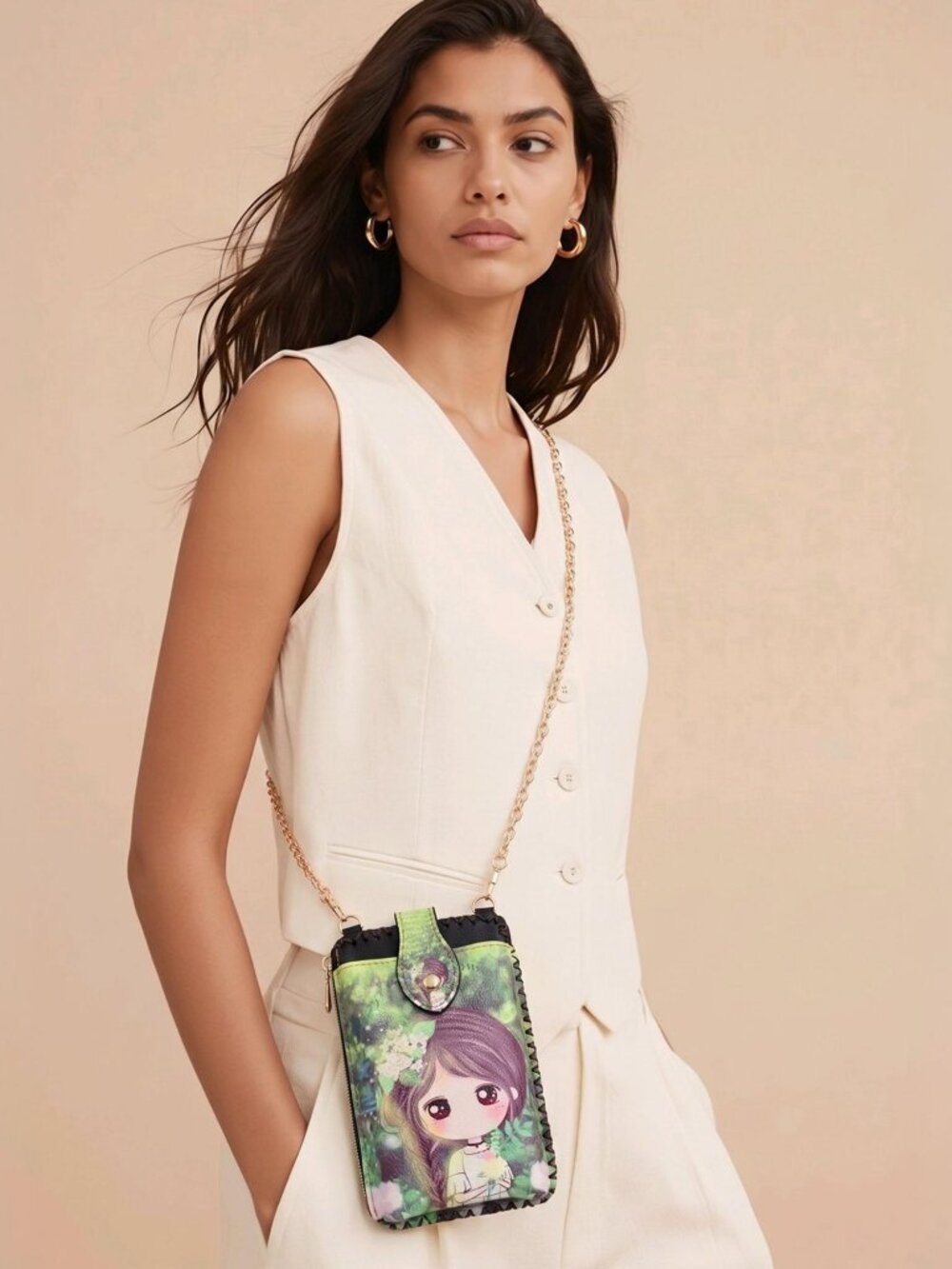 Anime Print ✦ Vegan Leather Crossbody Bag ✦ Gold Chain Strap Back Pocket NWT